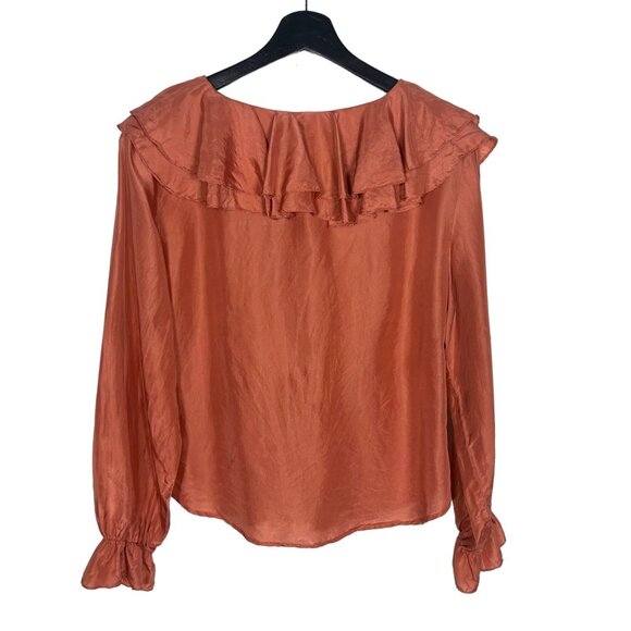 Vintage 90s Warm Mauve Ruffle Collar Silk Long Sleeve Button Up Top Medium - Picture 2 of 6